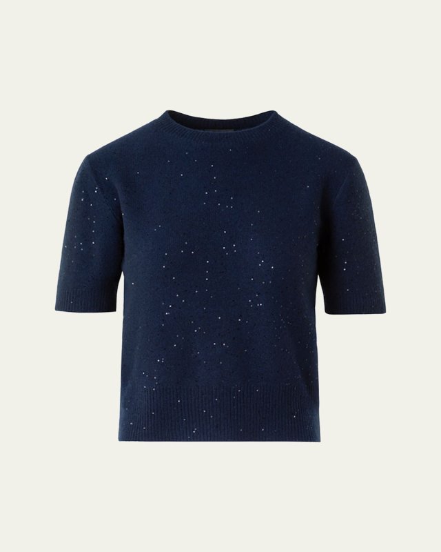 Wool-Cashmere Paillette Knit Short-Sleeve Sweater
